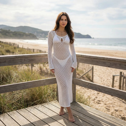 Solvara | Long-Sleeve Open-Knit Cover-Up Dress