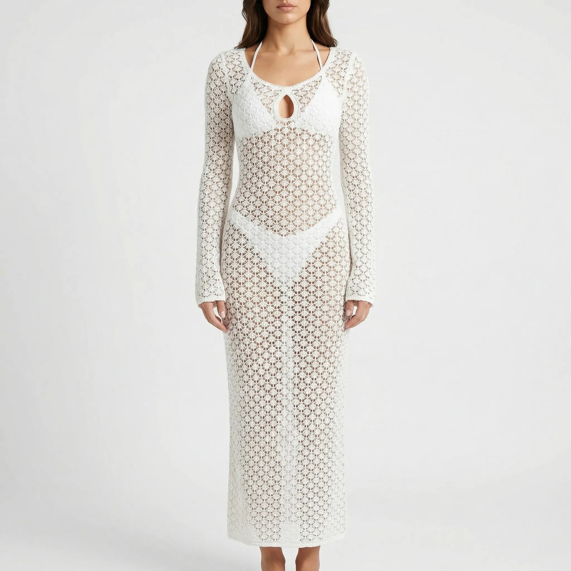 Solvara | Long-Sleeve Open-Knit Cover-Up Dress