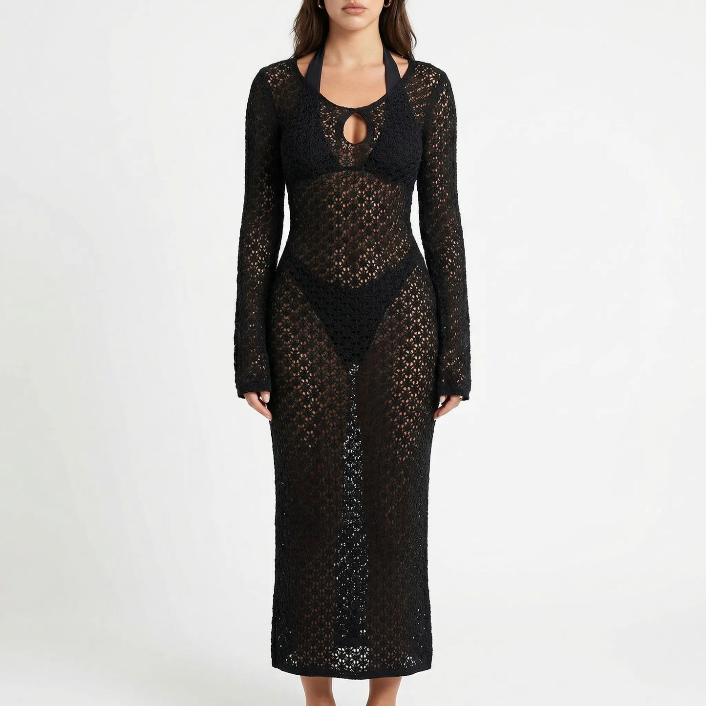 Solvara | Long-Sleeve Open-Knit Cover-Up Dress