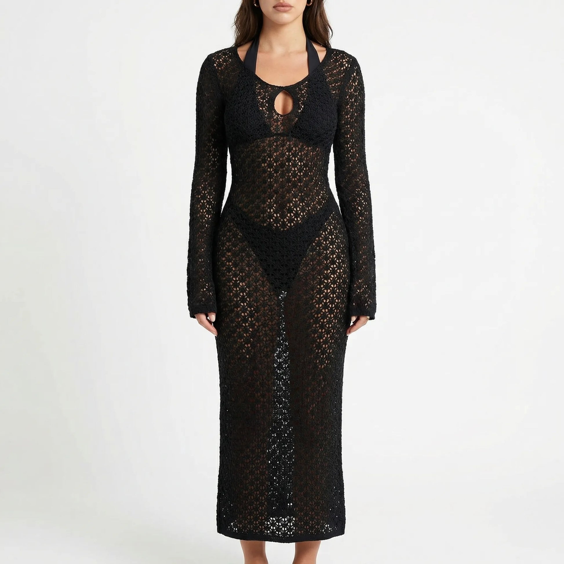 Solvara | Long-Sleeve Open-Knit Cover-Up Dress