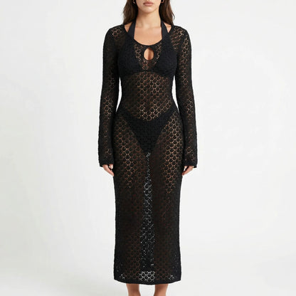 Solvara | Long-Sleeve Open-Knit Cover-Up Dress