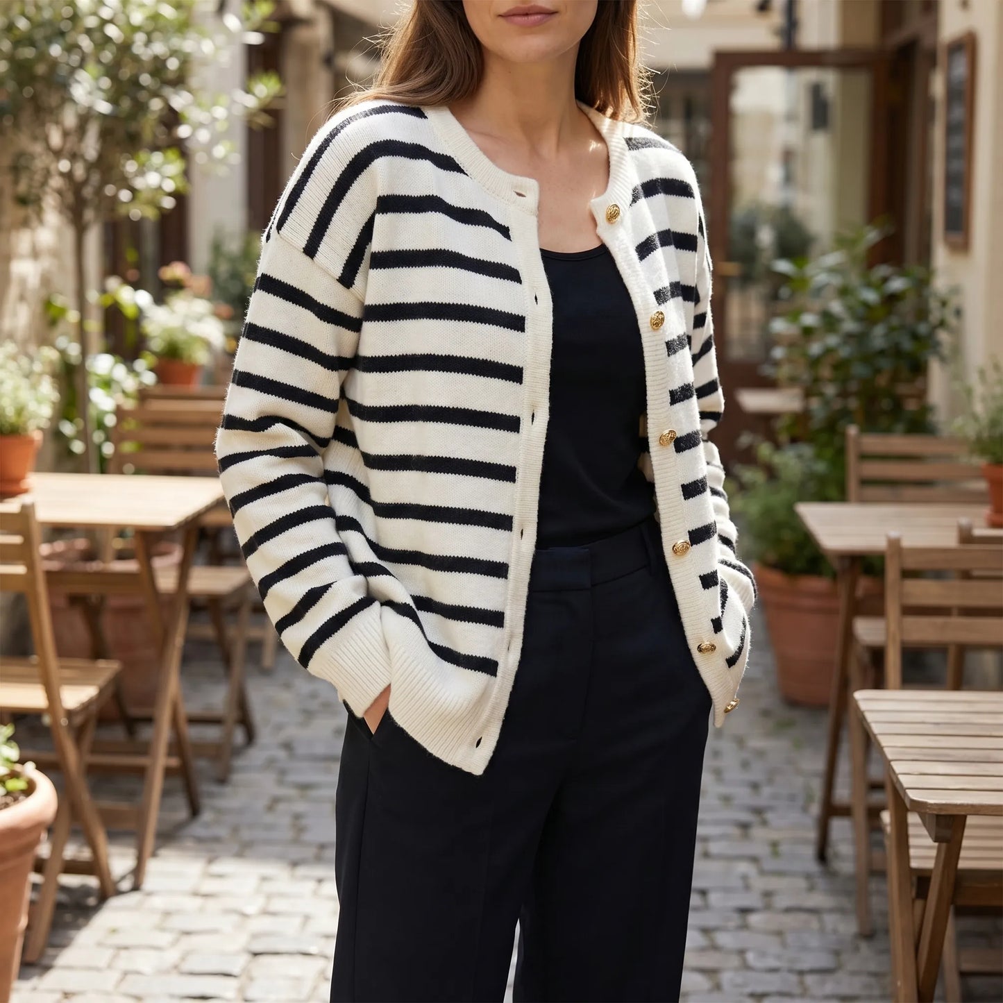 Stripova | Striped Single-Breasted Knit Cardigan