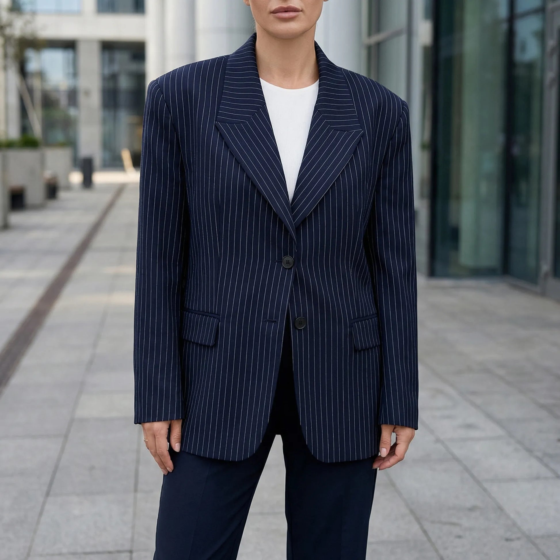 Strivelle | Pinstripe Lapel Collar Blazer