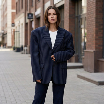 Strivelle | Pinstripe Lapel Collar Blazer