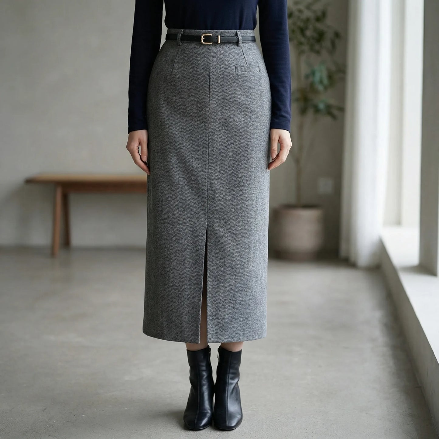 Tailwyn | Belted Mid-Calf Pencil Skirt