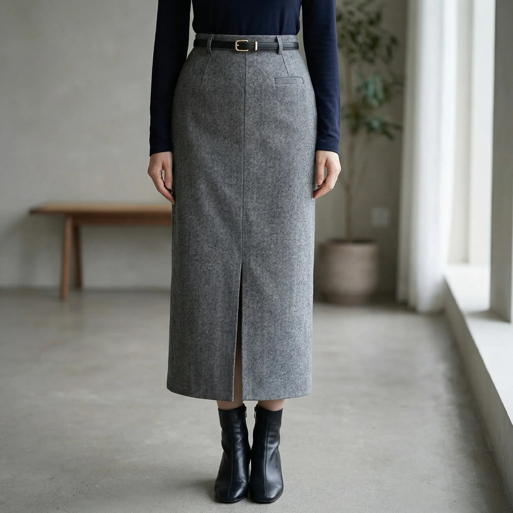 Tailwyn | Belted Mid-Calf Pencil Skirt