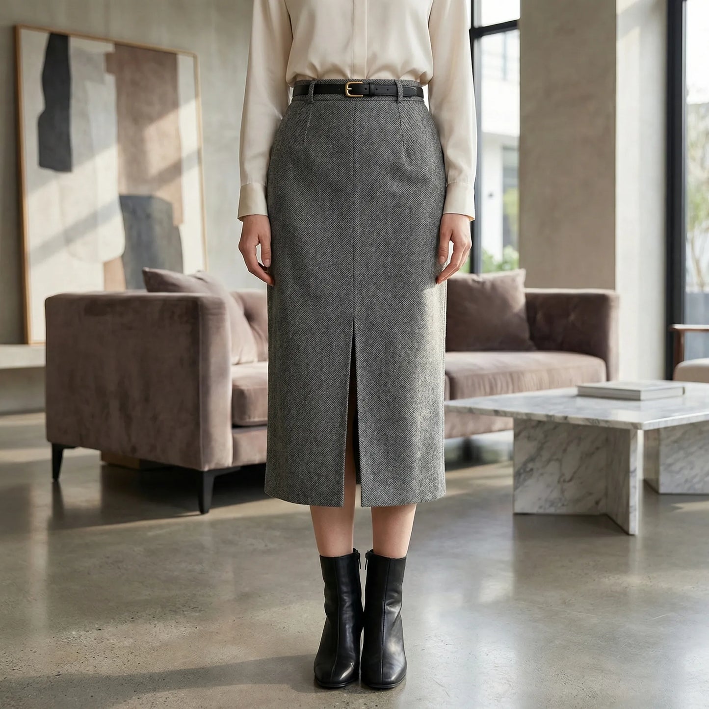 Tailwyn | Belted Mid-Calf Pencil Skirt