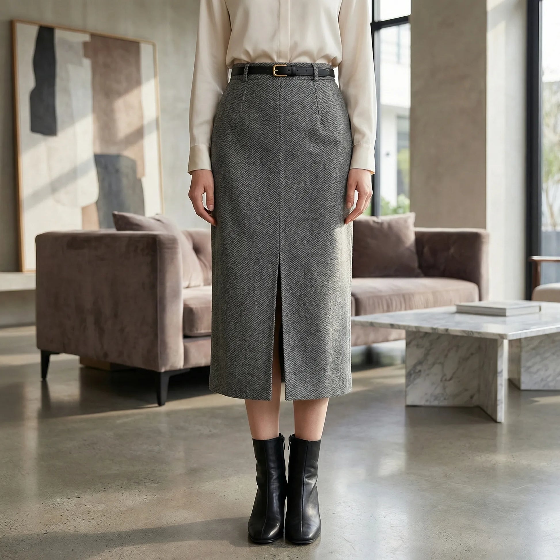 Tailwyn | Belted Mid-Calf Pencil Skirt