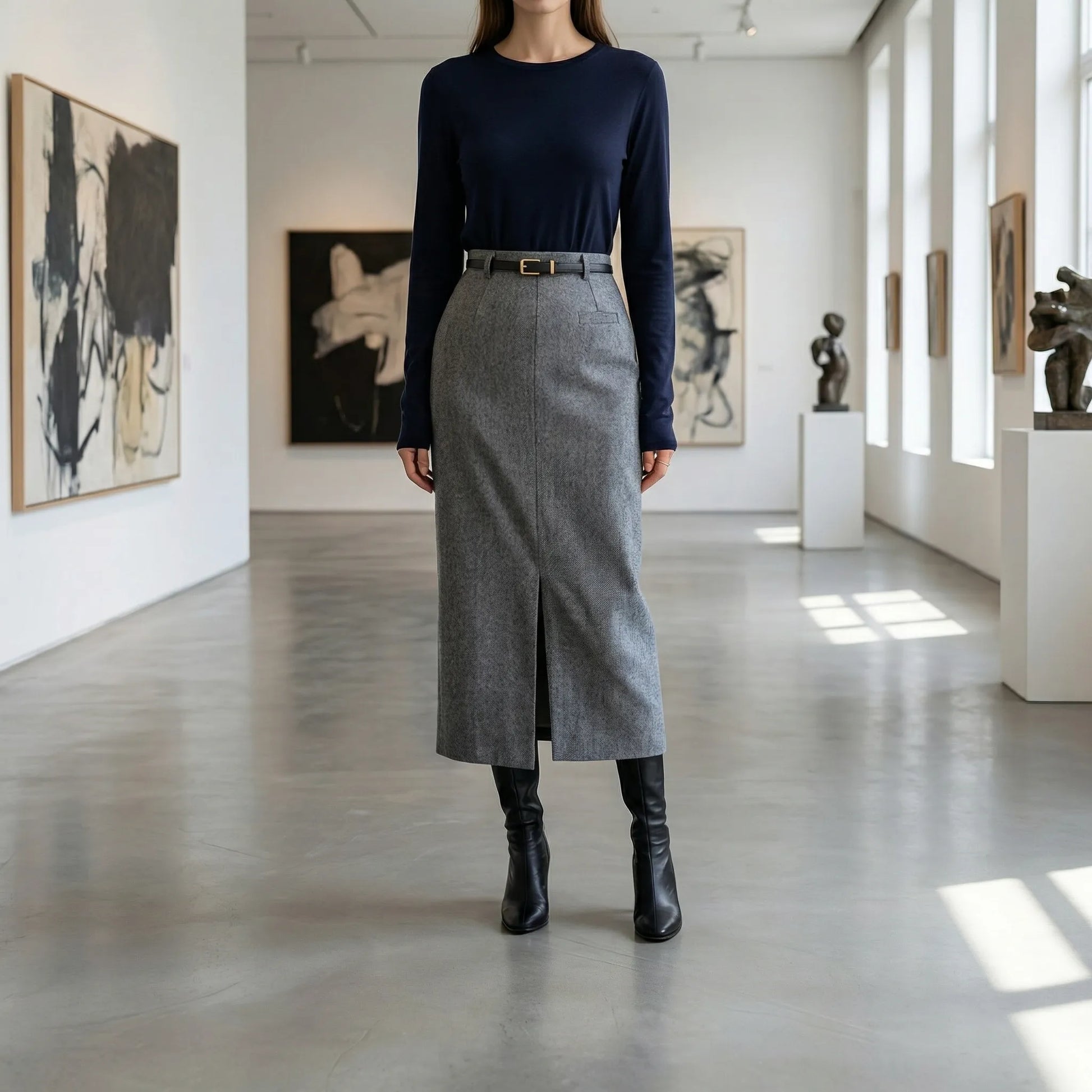 Tailwyn | Belted Mid-Calf Pencil Skirt