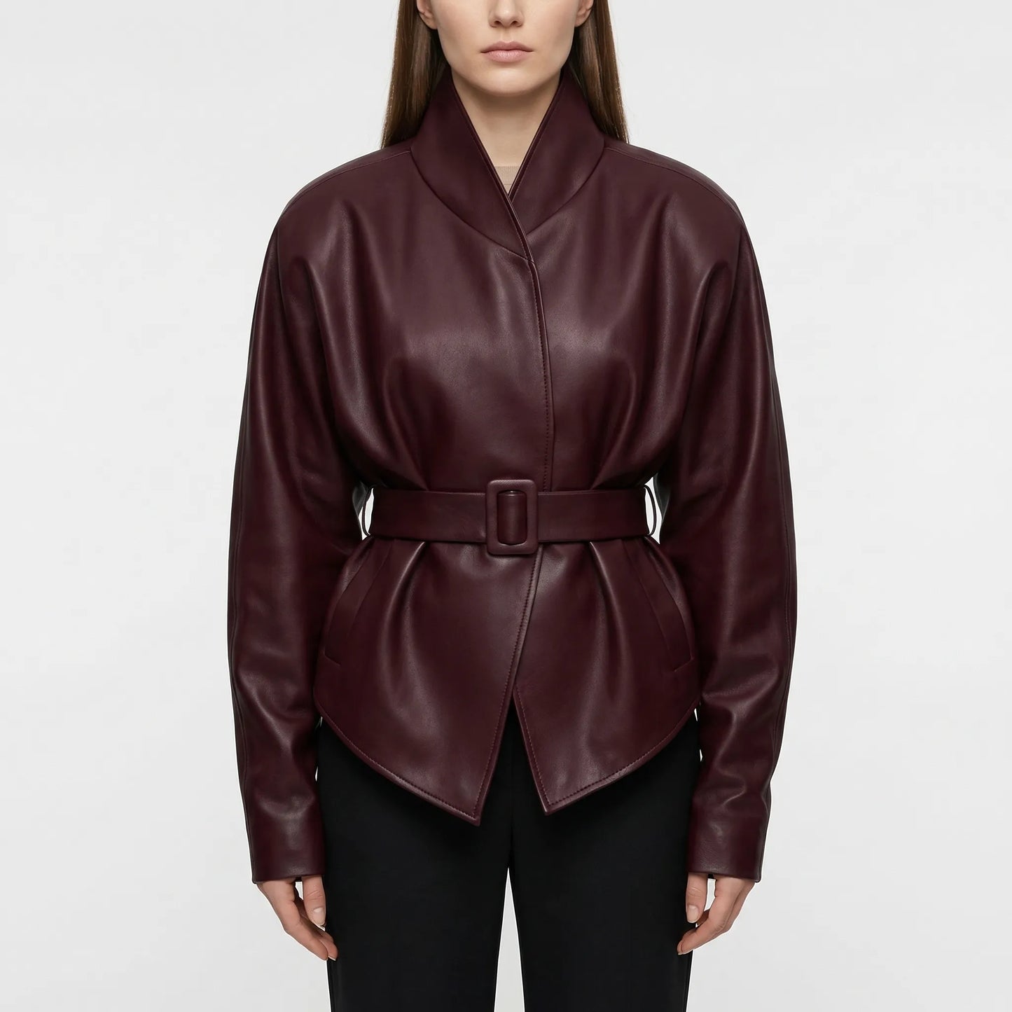 Velmara - Belted Faux-Leather Fitted Jacket