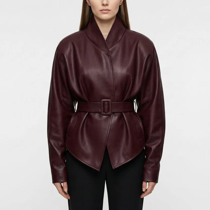 Velmara - Belted Faux-Leather Fitted Jacket