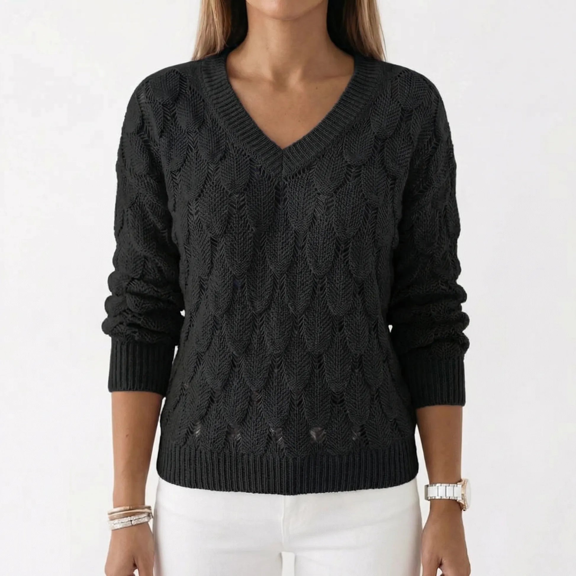 Velnara | V-Neck Openwork Knit Jumper