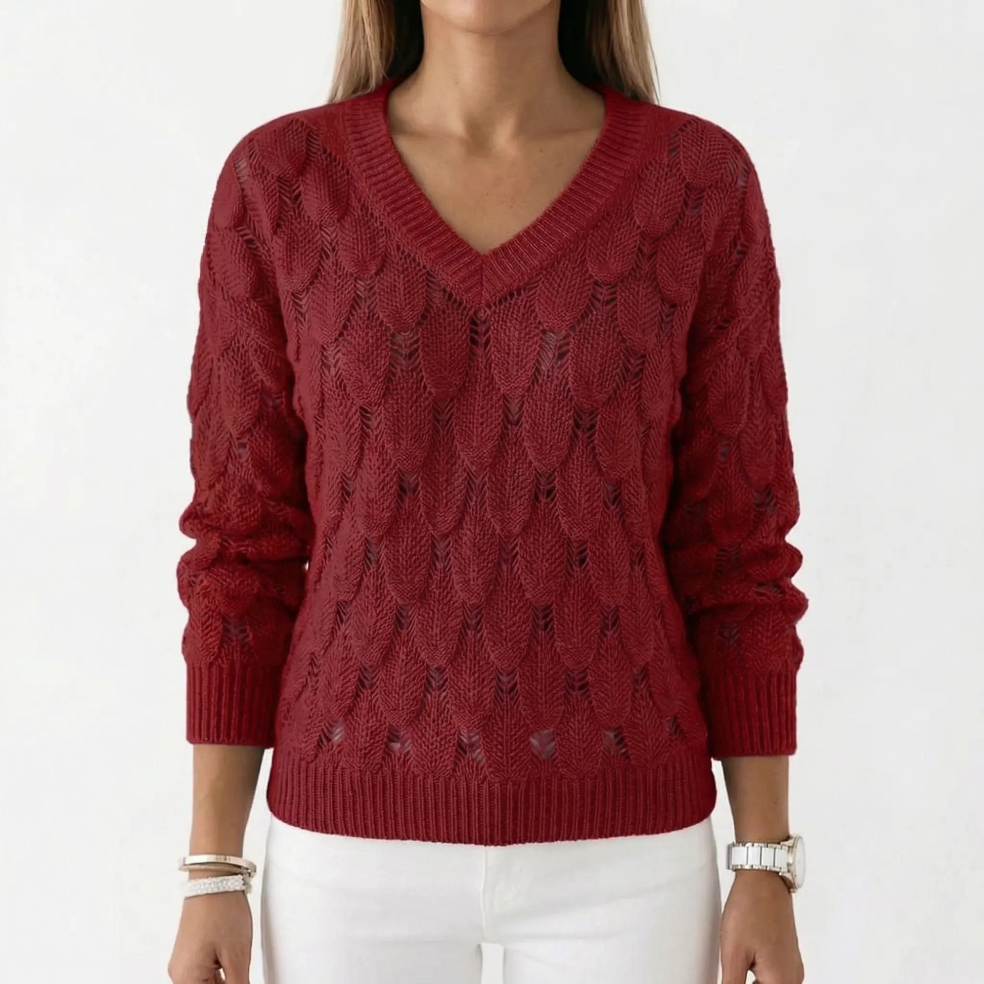 Velnara | V-Neck Openwork Knit Jumper
