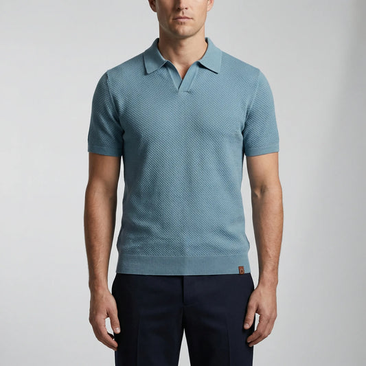 Velnox - V-Neck Textured Knit Polo Shirt
