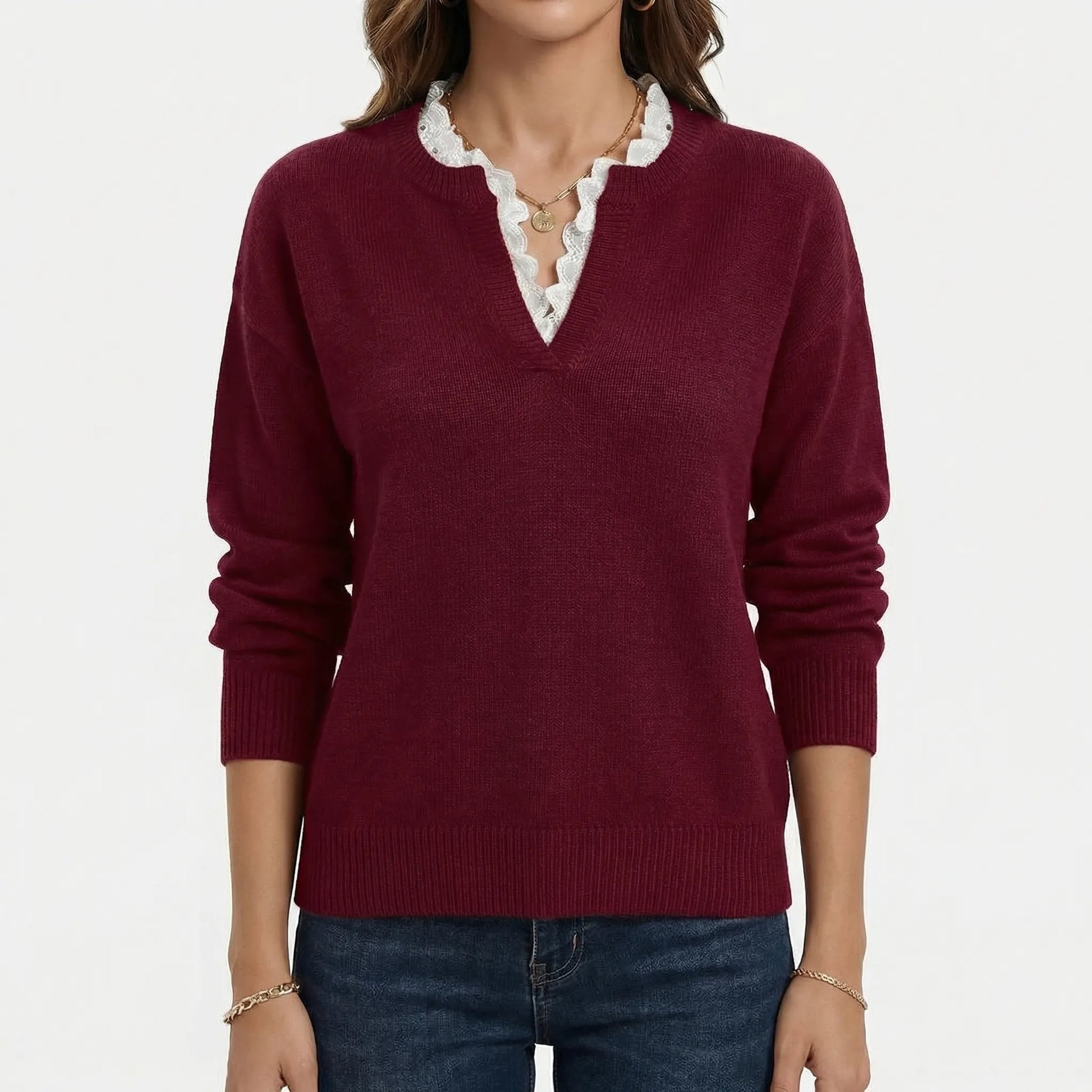 Velorie | V-Neck Jumper With Lace Trim Detail