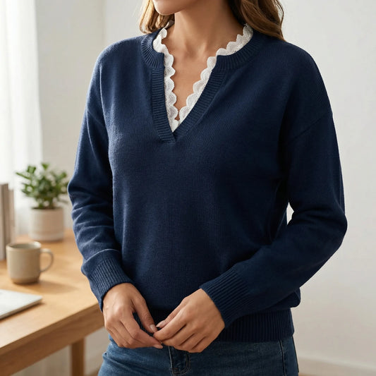Velorie | V-Neck Jumper With Lace Trim Detail