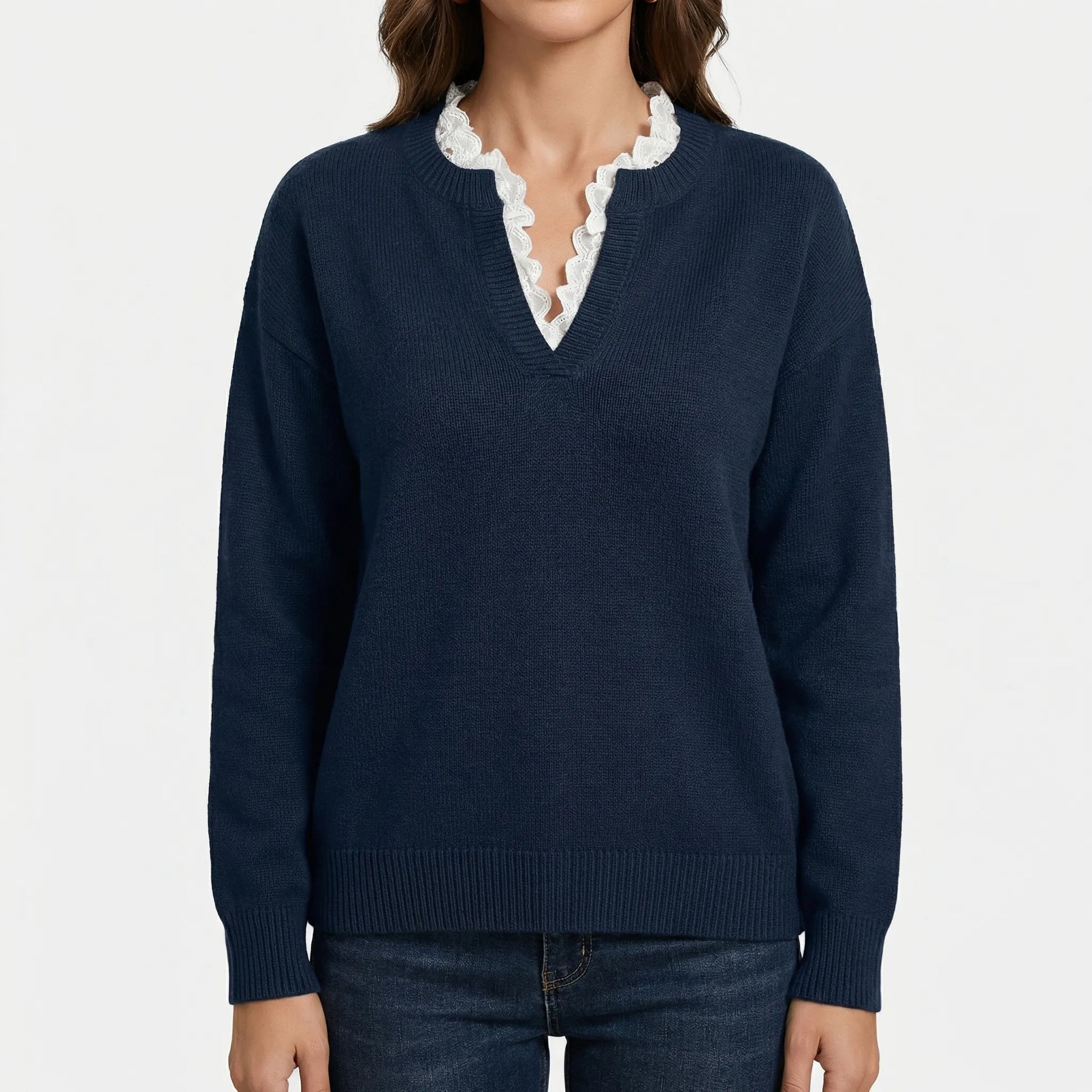 Velorie | V-Neck Jumper With Lace Trim Detail