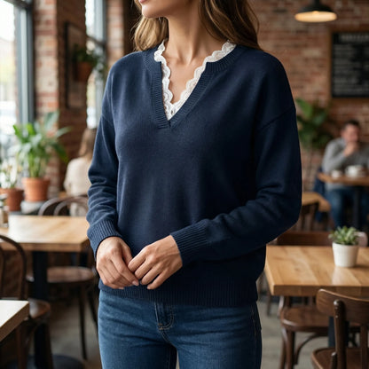 Velorie | V-Neck Jumper With Lace Trim Detail