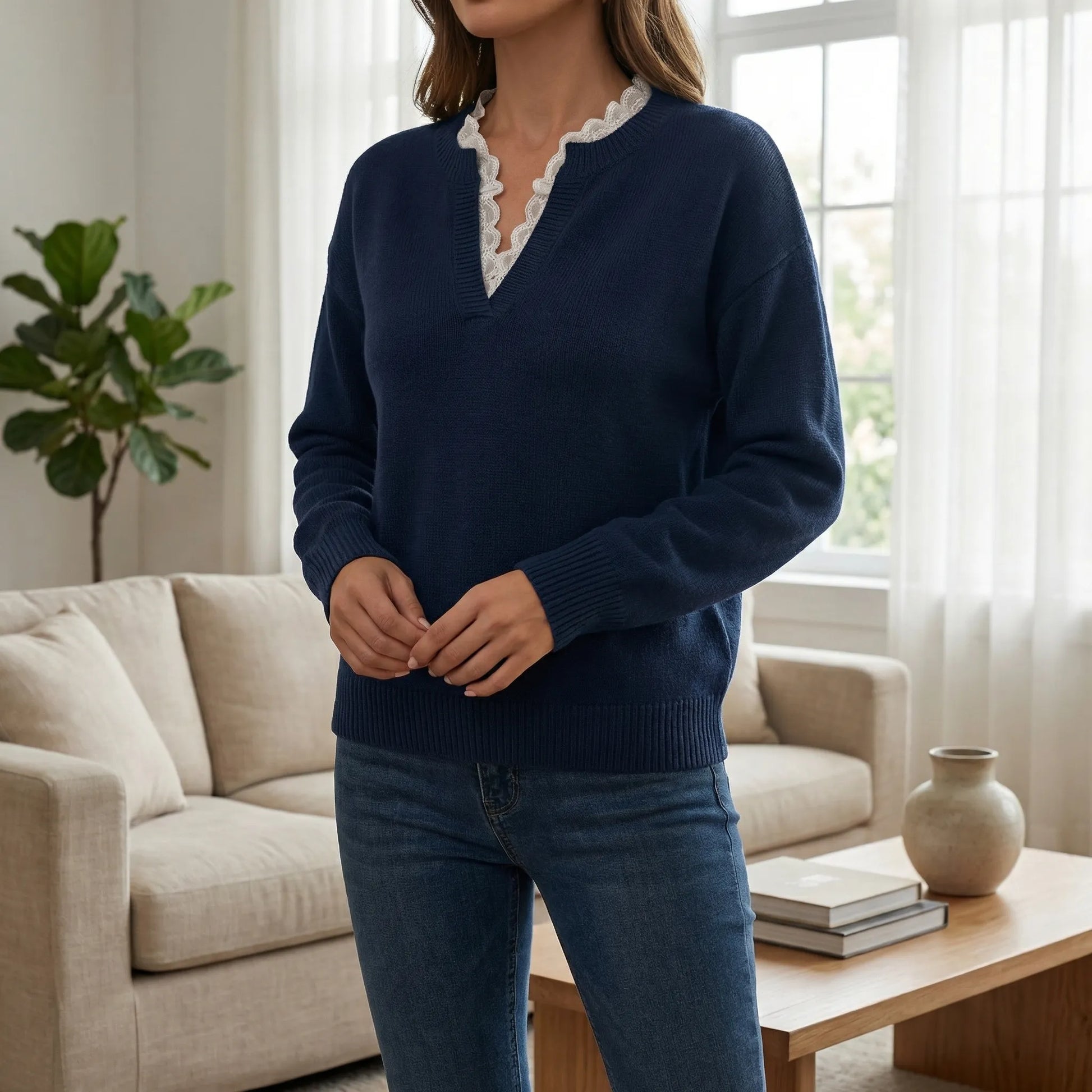 Velorie | V-Neck Jumper With Lace Trim Detail