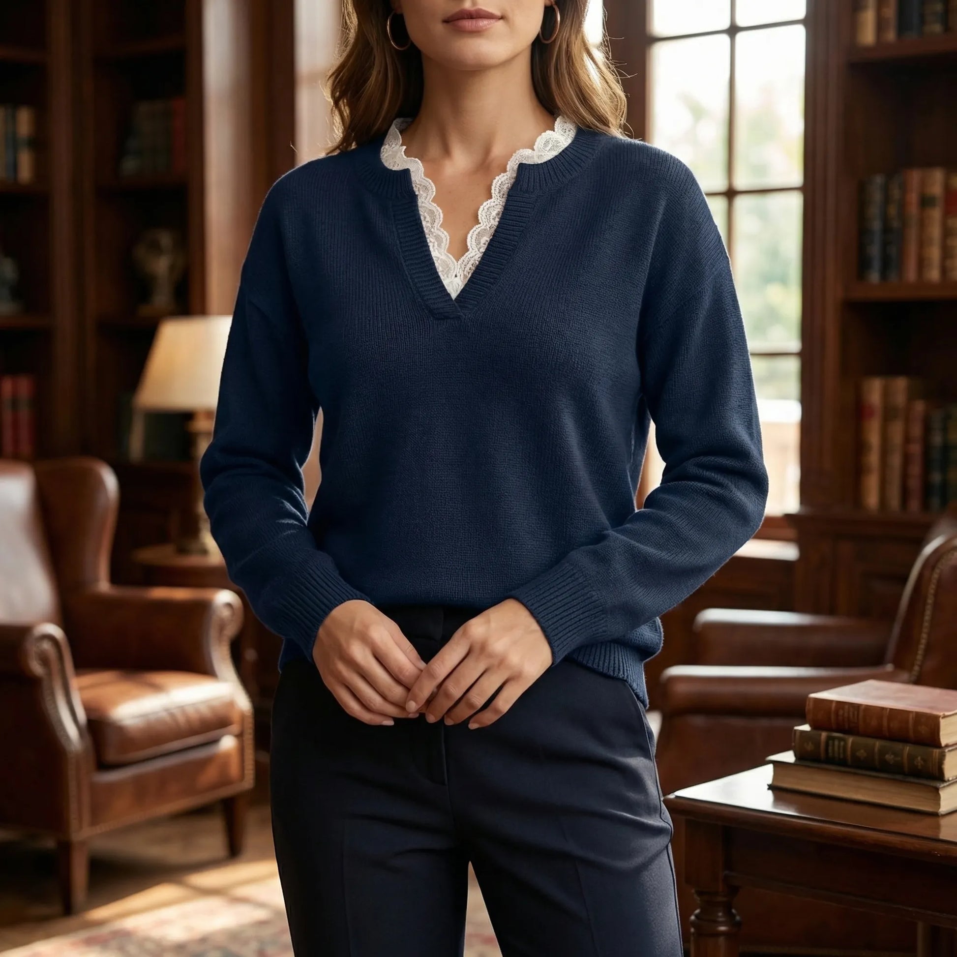Velorie | V-Neck Jumper With Lace Trim Detail