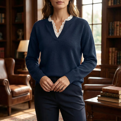 Velorie | V-Neck Jumper With Lace Trim Detail