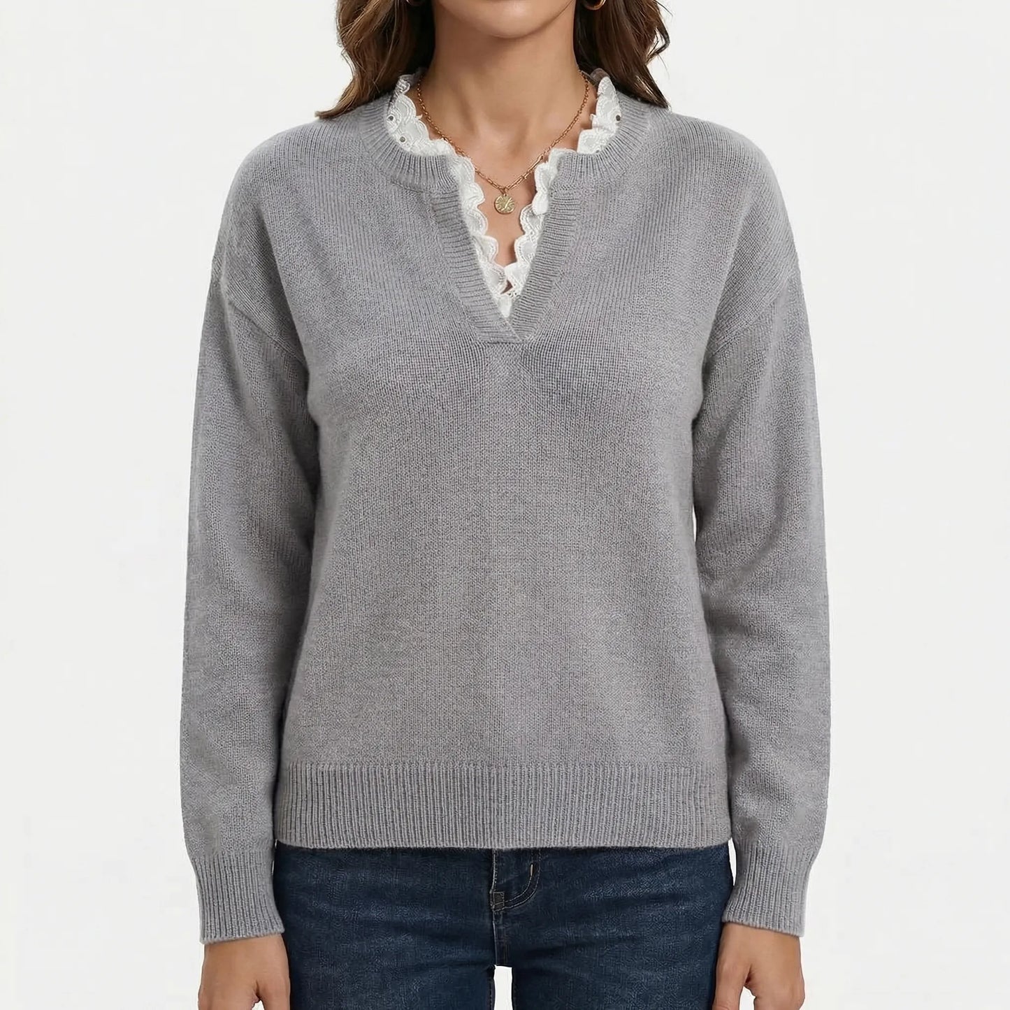 Velorie | V-Neck Jumper With Lace Trim Detail