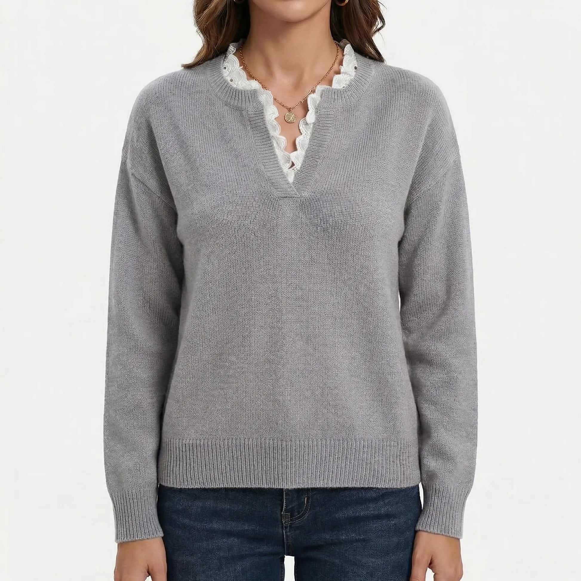 Velorie | V-Neck Jumper With Lace Trim Detail