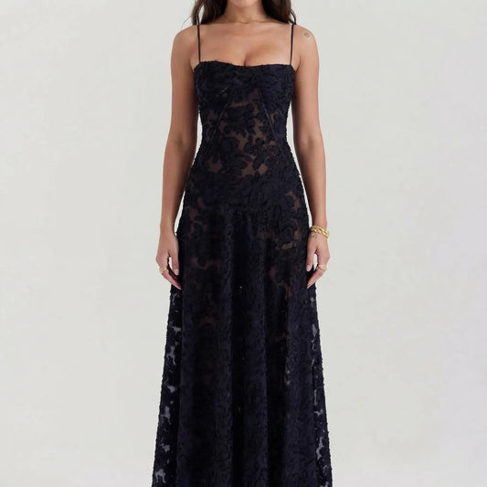 Velourna - Floral Lace Overlay Maxi Dress