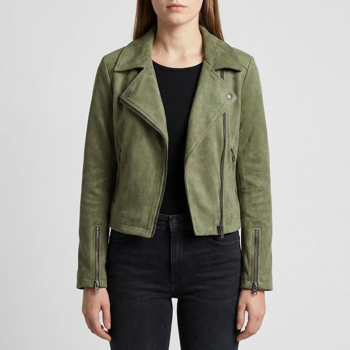 Velourx - Asymmetric Zip Suede-Look Biker Jacket