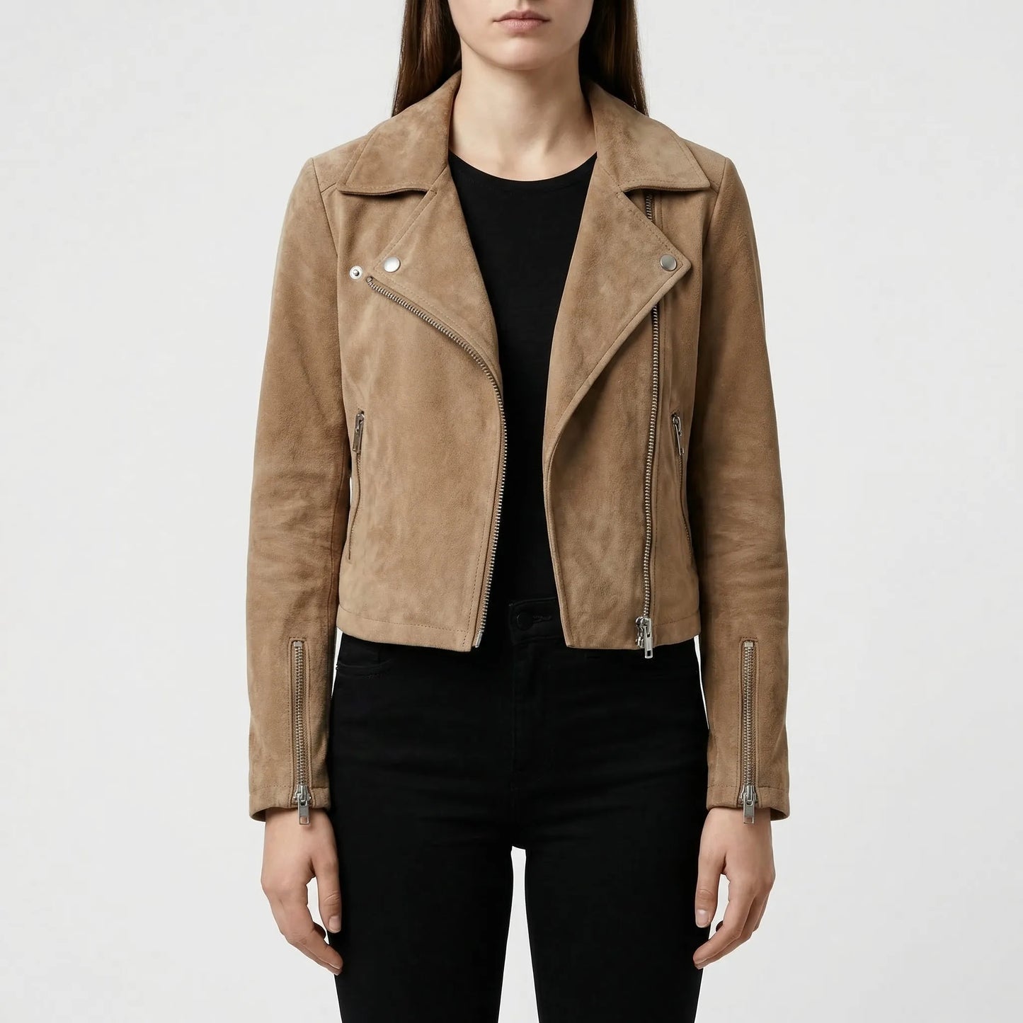 Velourx - Asymmetric Zip Suede-Look Biker Jacket
