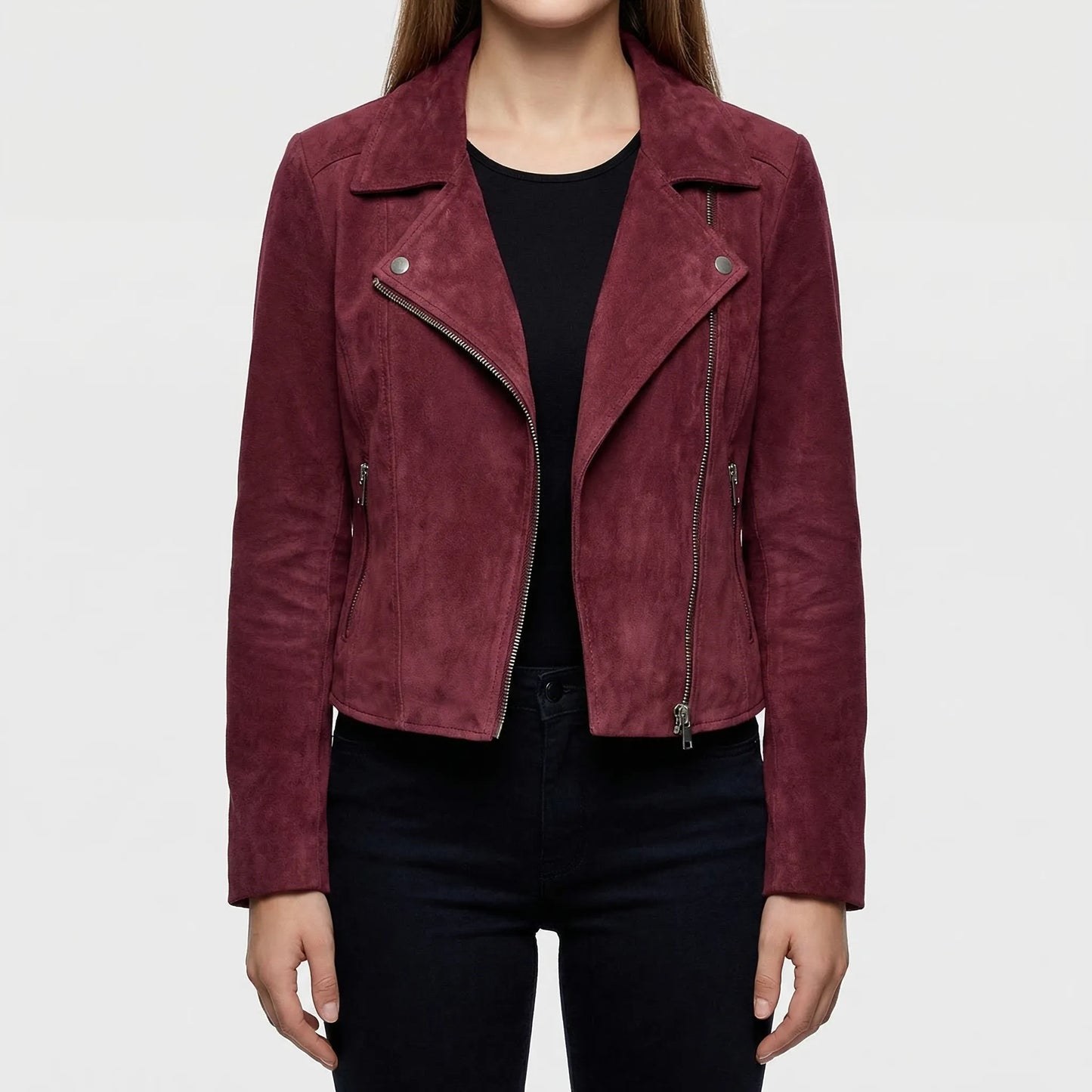 Velourx - Asymmetric Zip Suede-Look Biker Jacket
