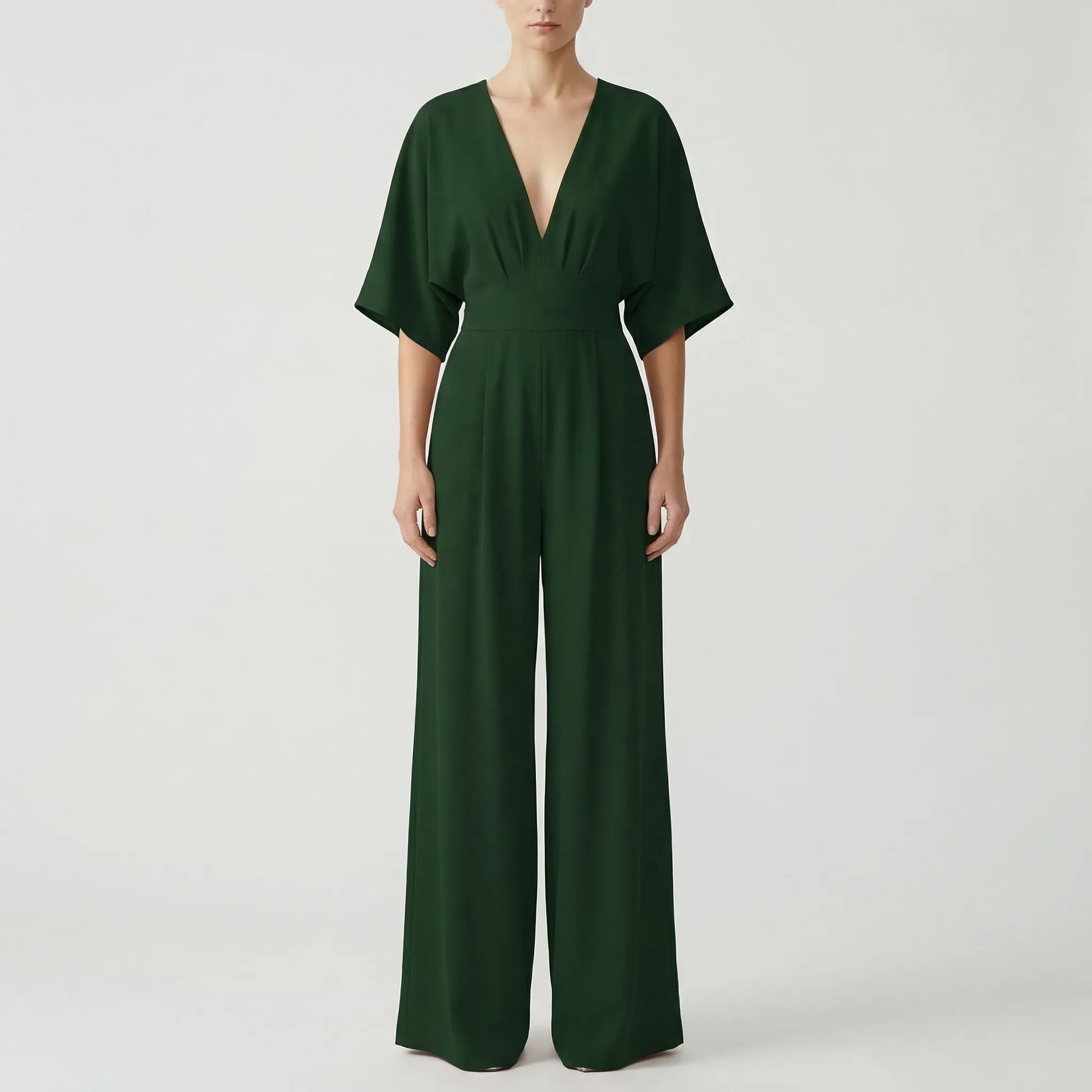 Velouxa - Wide-Leg Deep V-Neck Jumpsuit