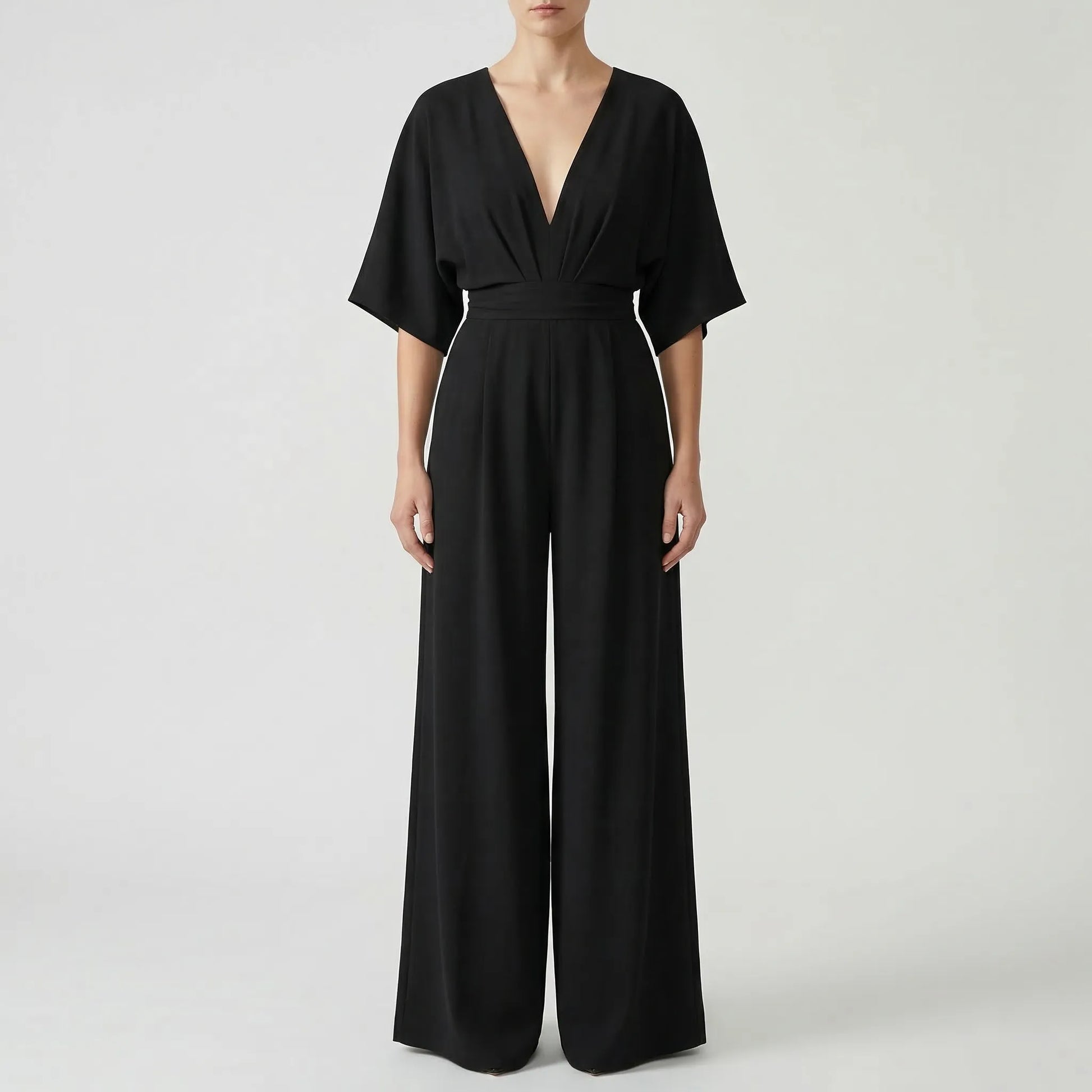 Velouxa - Wide-Leg Deep V-Neck Jumpsuit