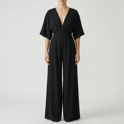 Velouxa - Wide-Leg Deep V-Neck Jumpsuit