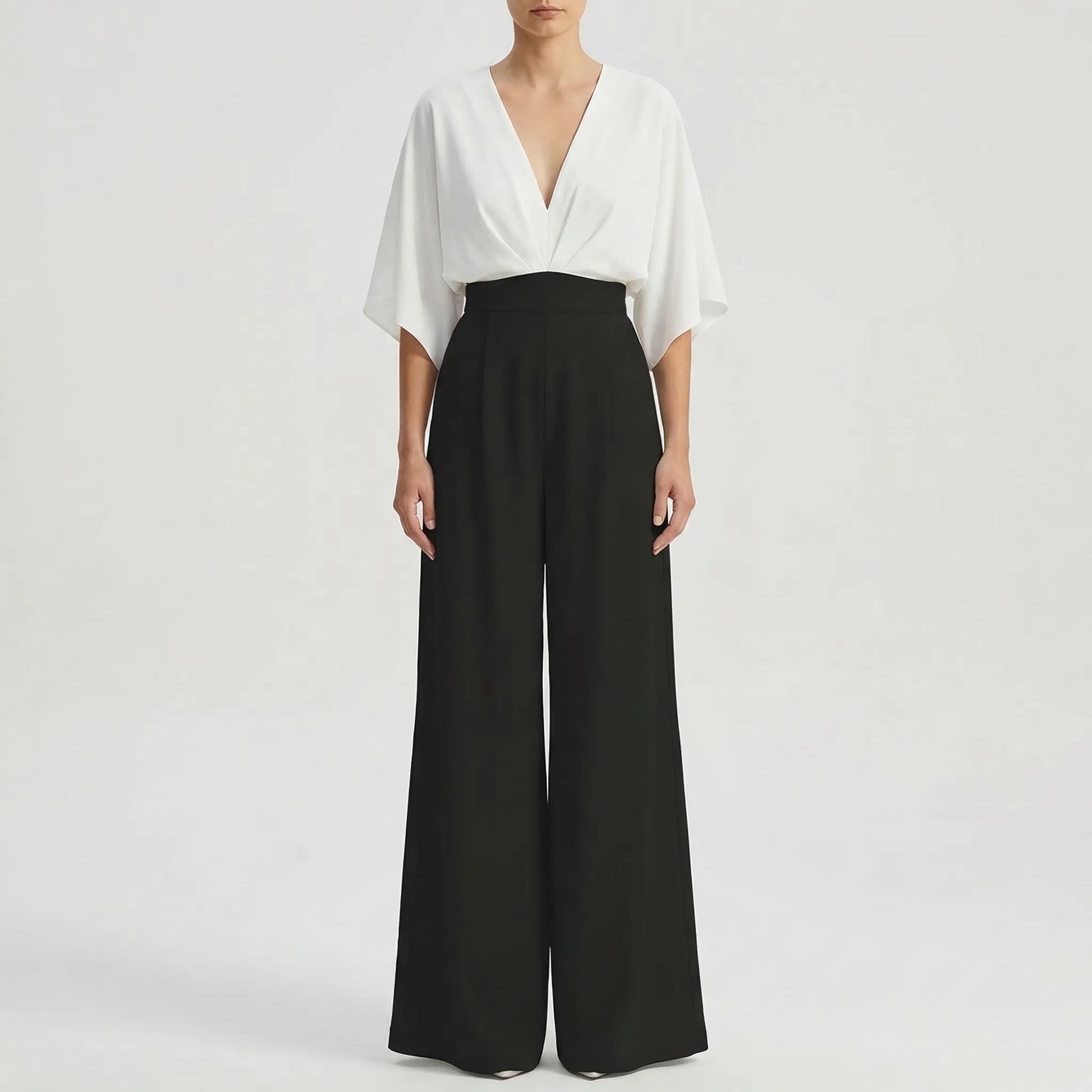 Velouxa - Wide-Leg Deep V-Neck Jumpsuit