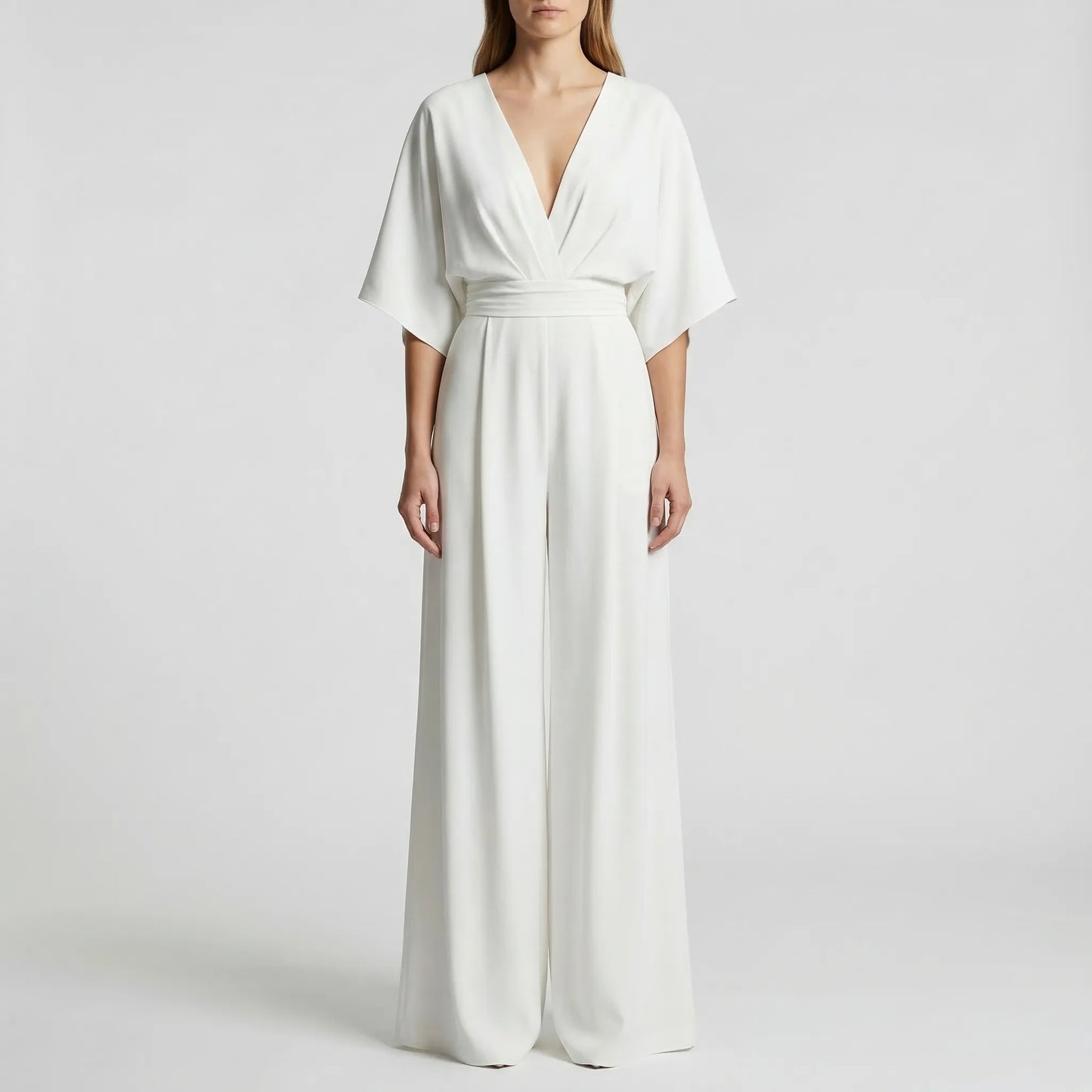 Velouxa - Wide-Leg Deep V-Neck Jumpsuit