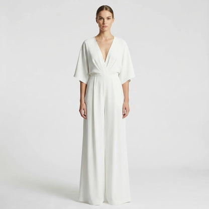 Velouxa - Wide-Leg Deep V-Neck Jumpsuit