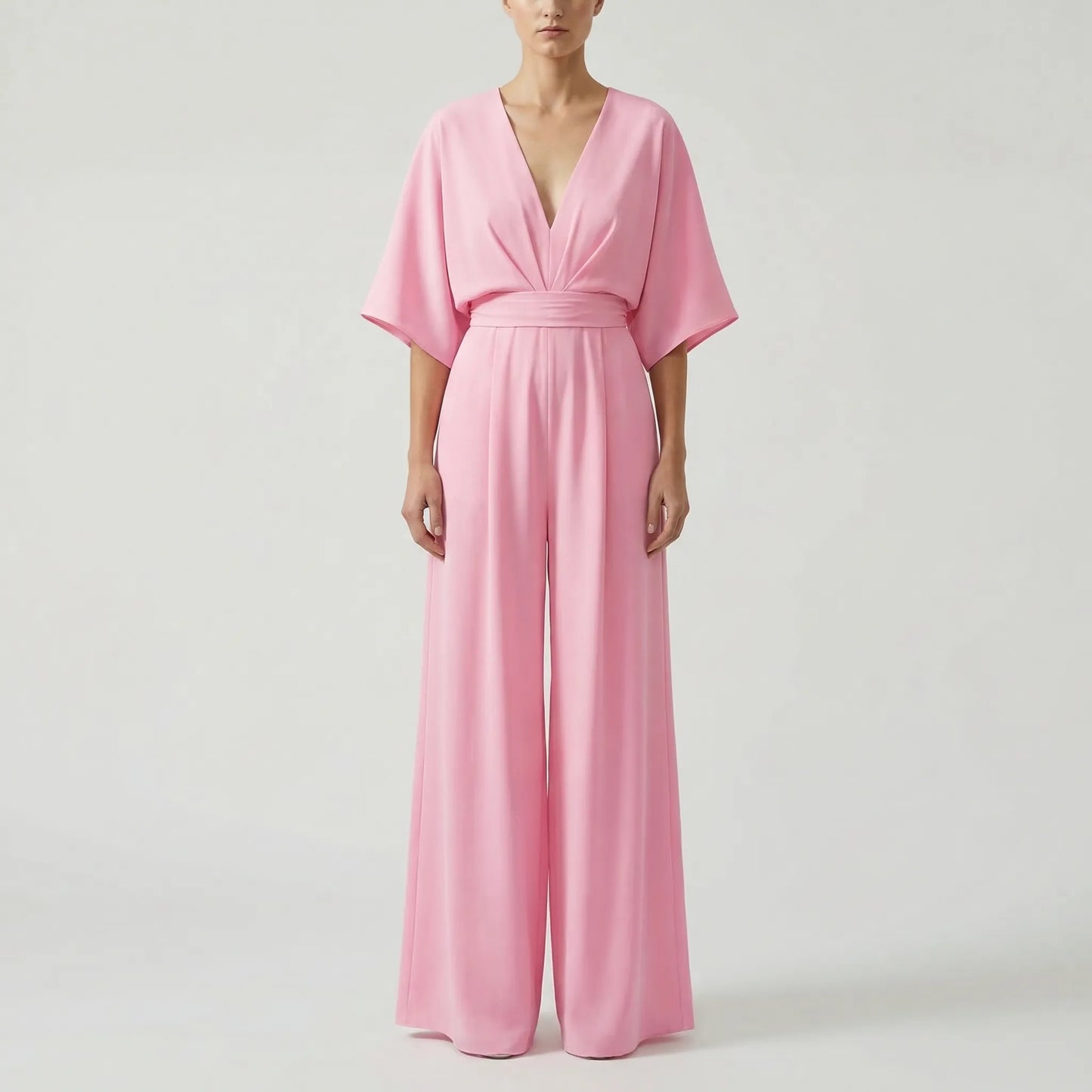 Velouxa - Wide-Leg Deep V-Neck Jumpsuit
