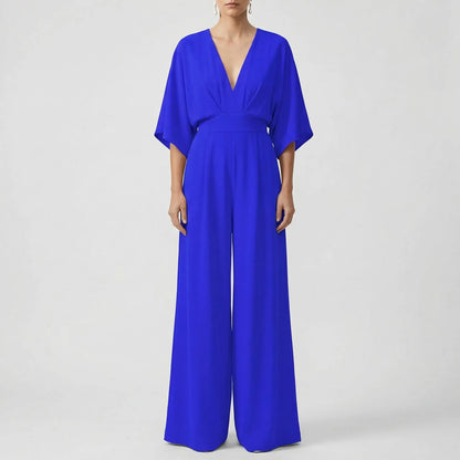 Velouxa - Wide-Leg Deep V-Neck Jumpsuit