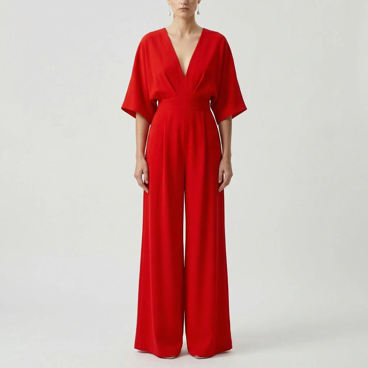 Velouxa - Wide-Leg Deep V-Neck Jumpsuit