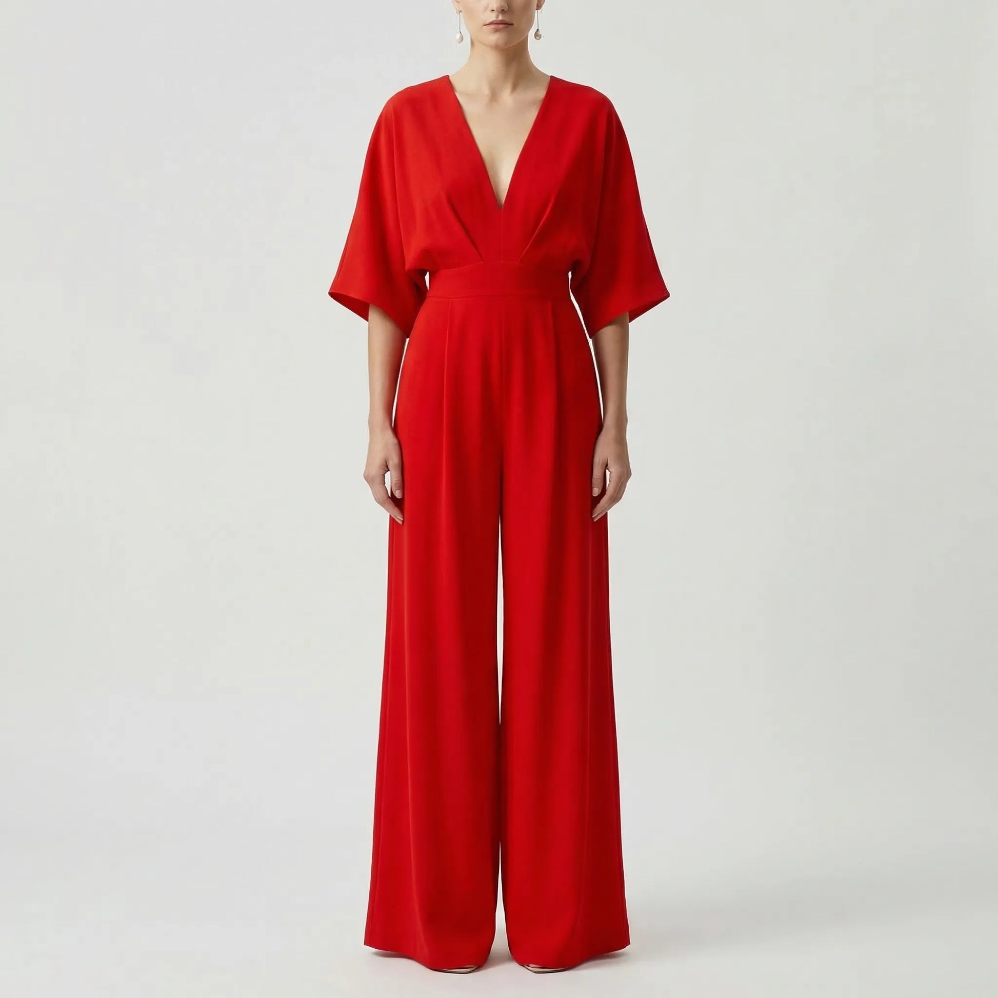 Velouxa - Wide-Leg Deep V-Neck Jumpsuit