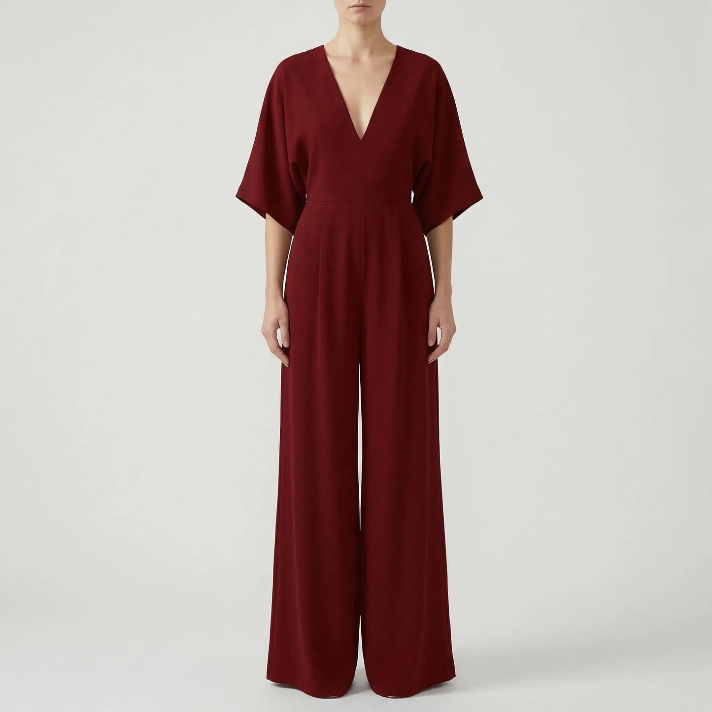 Velouxa - Wide-Leg Deep V-Neck Jumpsuit
