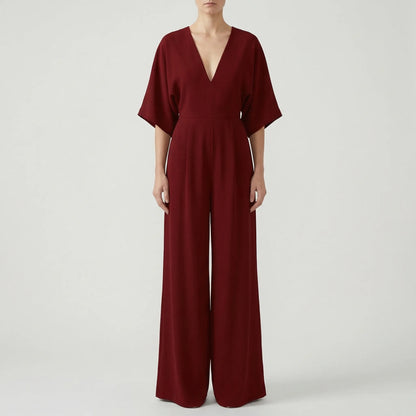 Velouxa - Wide-Leg Deep V-Neck Jumpsuit
