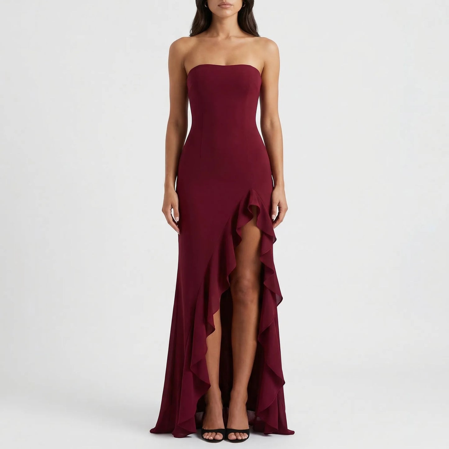 Velvara - Strapless Asymmetrical Maxi Dress