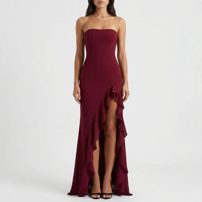 Velvara - Strapless Asymmetrical Maxi Dress