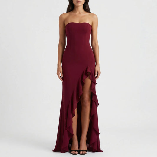 Velvara - Strapless Asymmetrical Maxi Dress