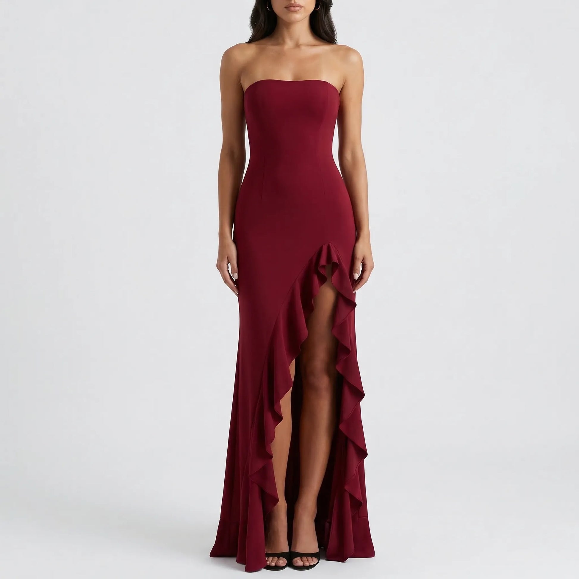 Velvara - Strapless Asymmetrical Maxi Dress