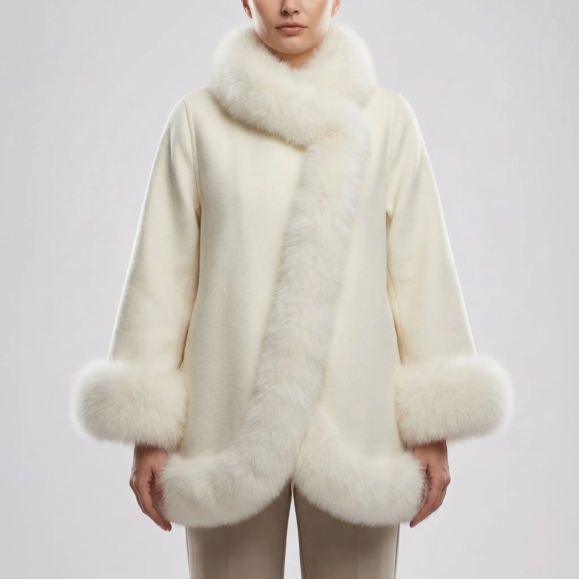 Velvenza - Oversized Faux Fur Trim Poncho Top