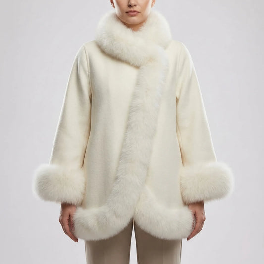 Velvenza - Oversized Faux Fur Trim Poncho Top