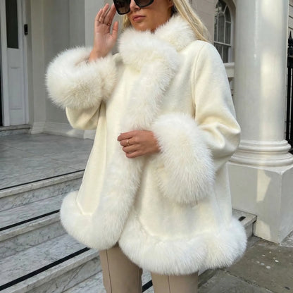 Velvenza - Oversized Faux Fur Trim Poncho Top